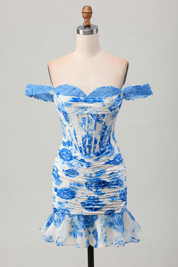 White Blue Flower Off the Shoulder Corset Short Prom Dress with Ruffles